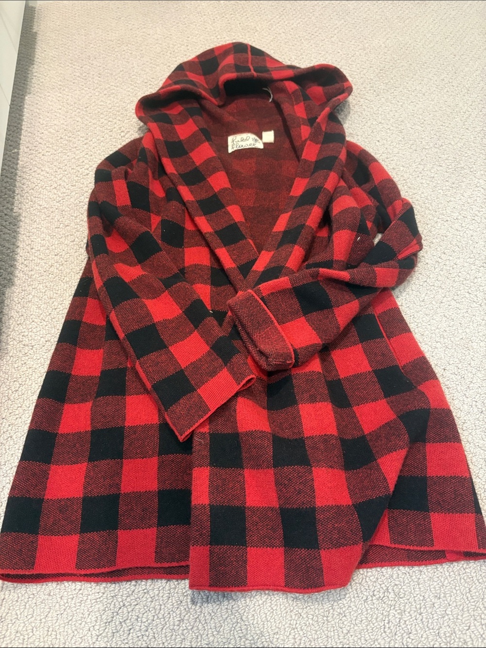Anthropologie Red & Black Buffalo Plaid Hooded Cape Sweater
